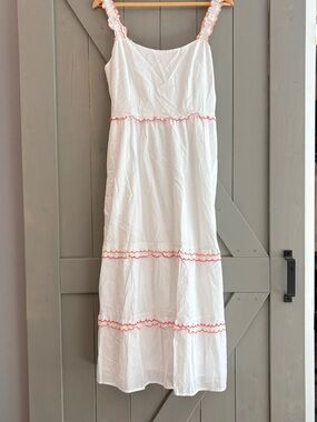 J. Crew White Maxi Dress with Pink Scalloped Trim